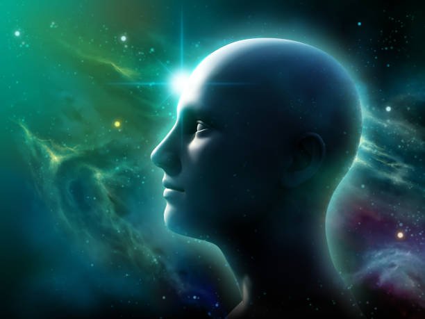 Home human head silhouette over a space panorama. 3d illustration.